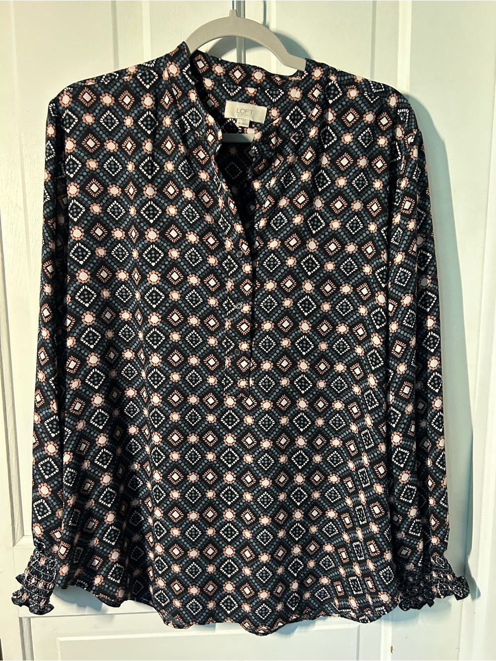 LOFT Navy Geometric Print Long Sleeve Blouse with Pink Accents